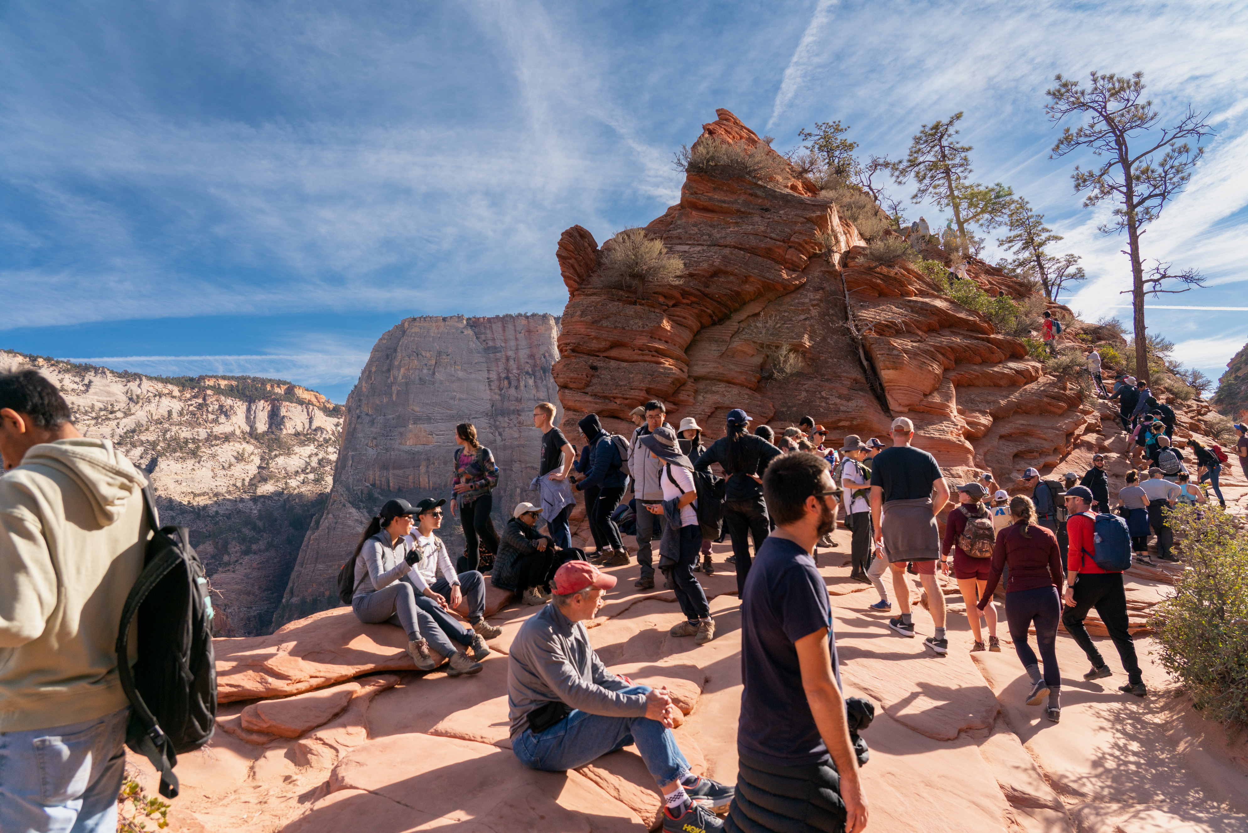 Large number of hikers sitting or standing on rock near the section of the hike to Angels Landing that starts at Scout Lookout.
