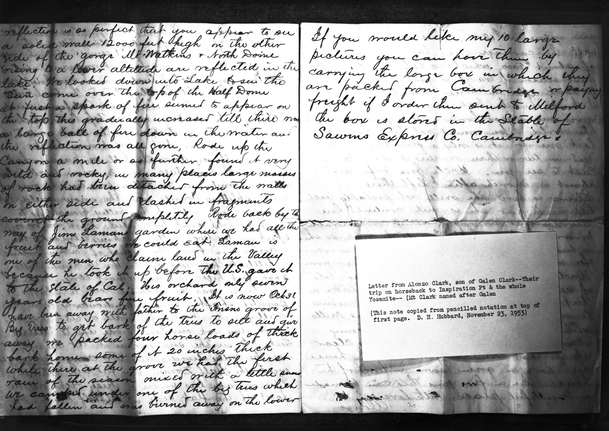 Copy of letter from Alonzo Clark, son of Galen Clark, to an aunt.
