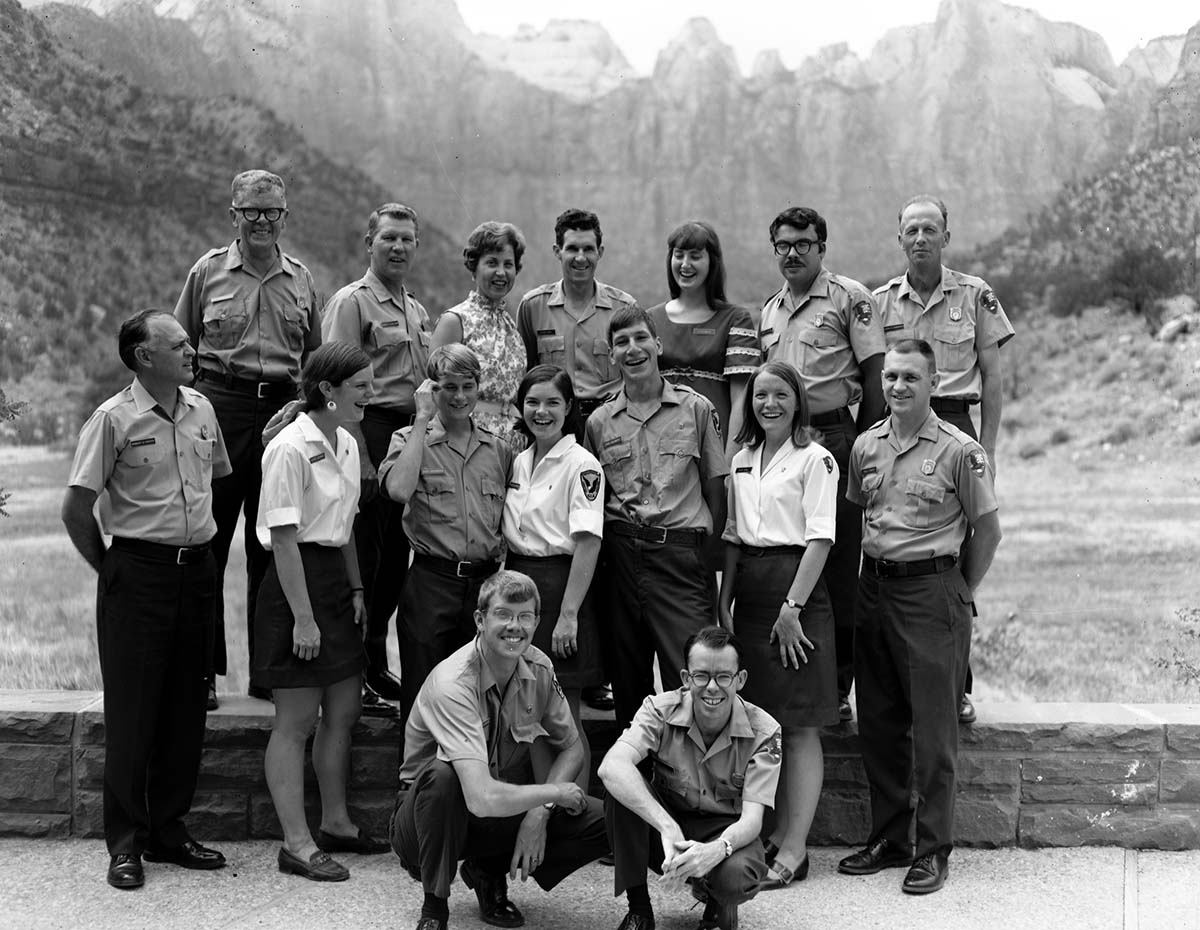 Interpretation division staff, summer 1970, left to right, back: Alberding, McComb, Courand, Lewis, DeMille, Devine, Sandberg