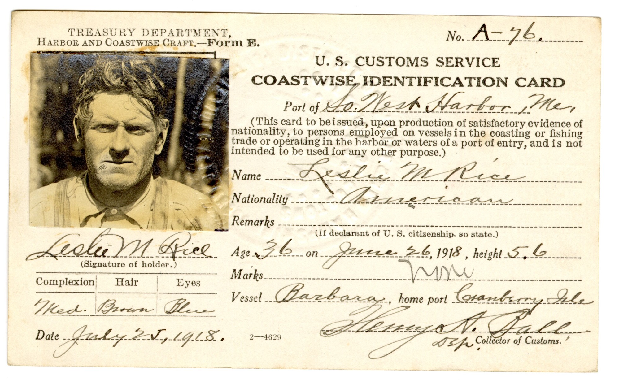 Leslie M. Rice 1918 Coastwise Identification Card