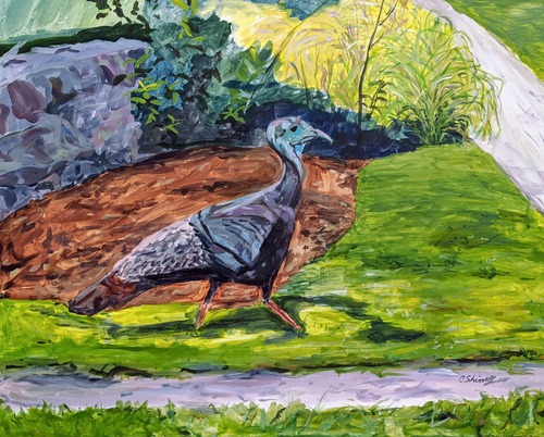 A painting of a turkey with a stone wall in the background.