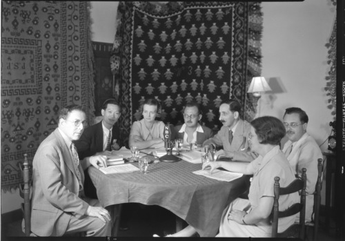 Roundtable broadcast of the Institute of Pacific Relations. Bruno Lasker - conference staff in charge of broadcasts.; Dr. W.T. Chan-Prof. of chinese Institutions, Univ. of Hawaii; Charlotte Tyler - member of the Conference staff, concerned with language problems; Owen Lattimore - Editor of Pacific Affairs; Roger Levy - Secretary, Committee on Problems of Pacific, Paris; Harold Von Waldheim - Prof. of German, Univ. of Toyko; Miss Constance Duncan - Sec. of Burea of Social & International Affairs, Melbourne, Australia