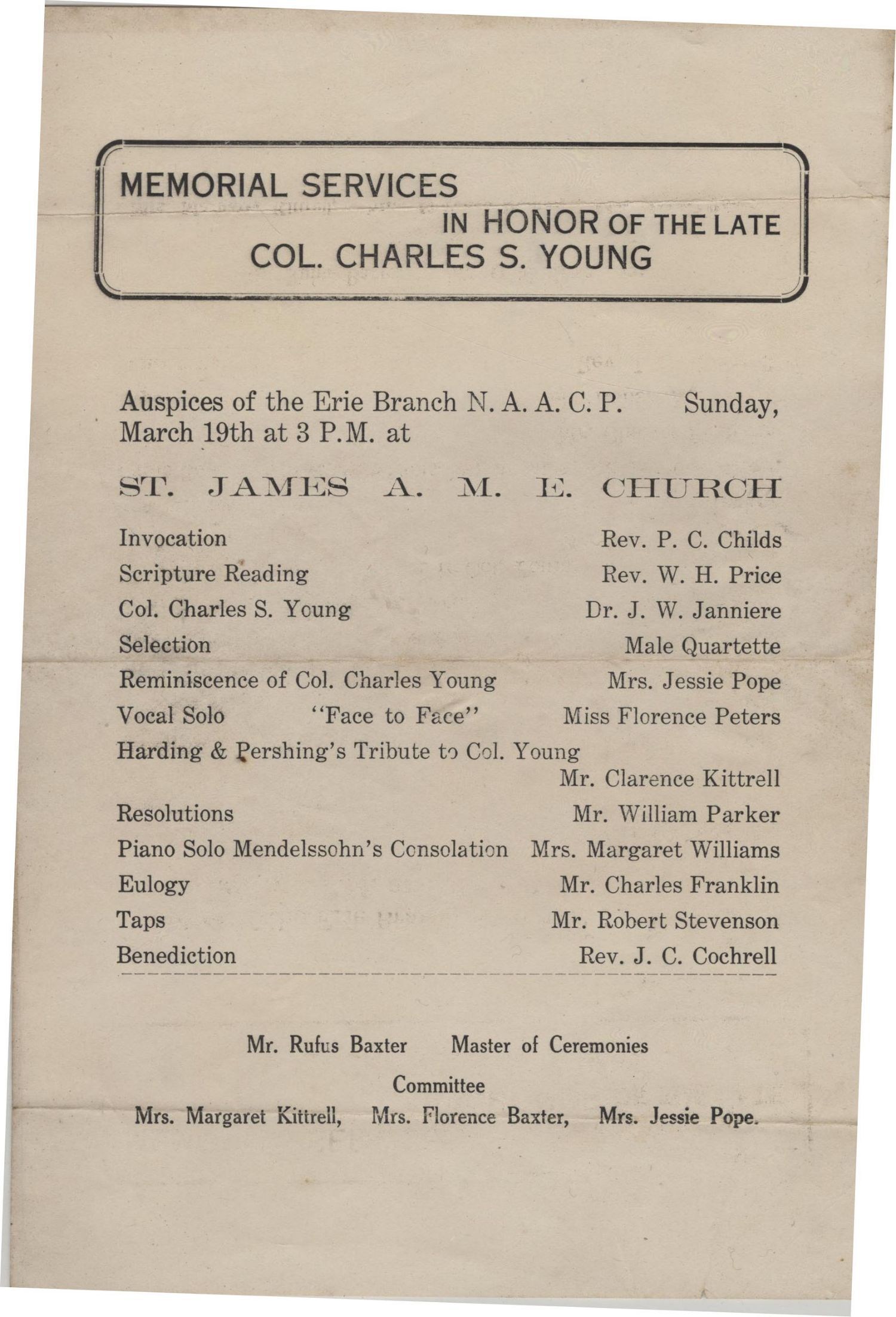 Document displaying the events at Colonel Charles Young's memorial services, dated March 19, 1922.