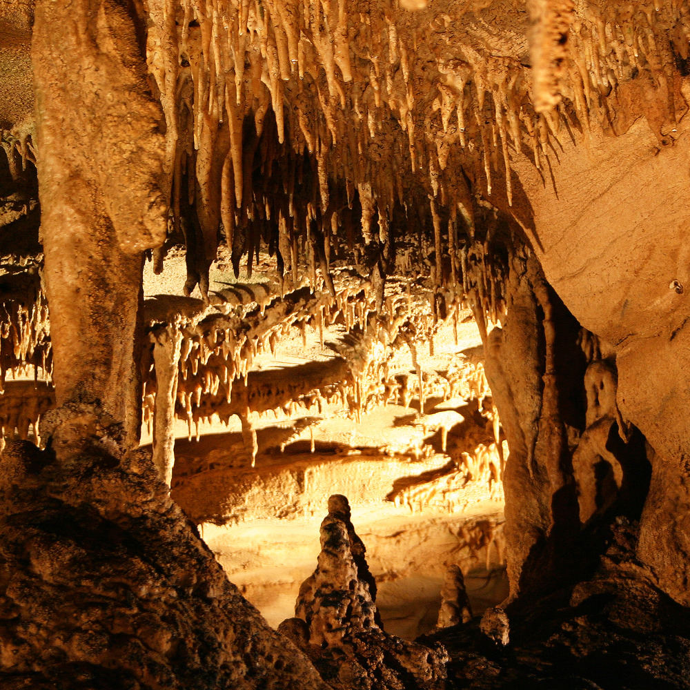 Stalactites and stalagmites inside Mammoth Cave.