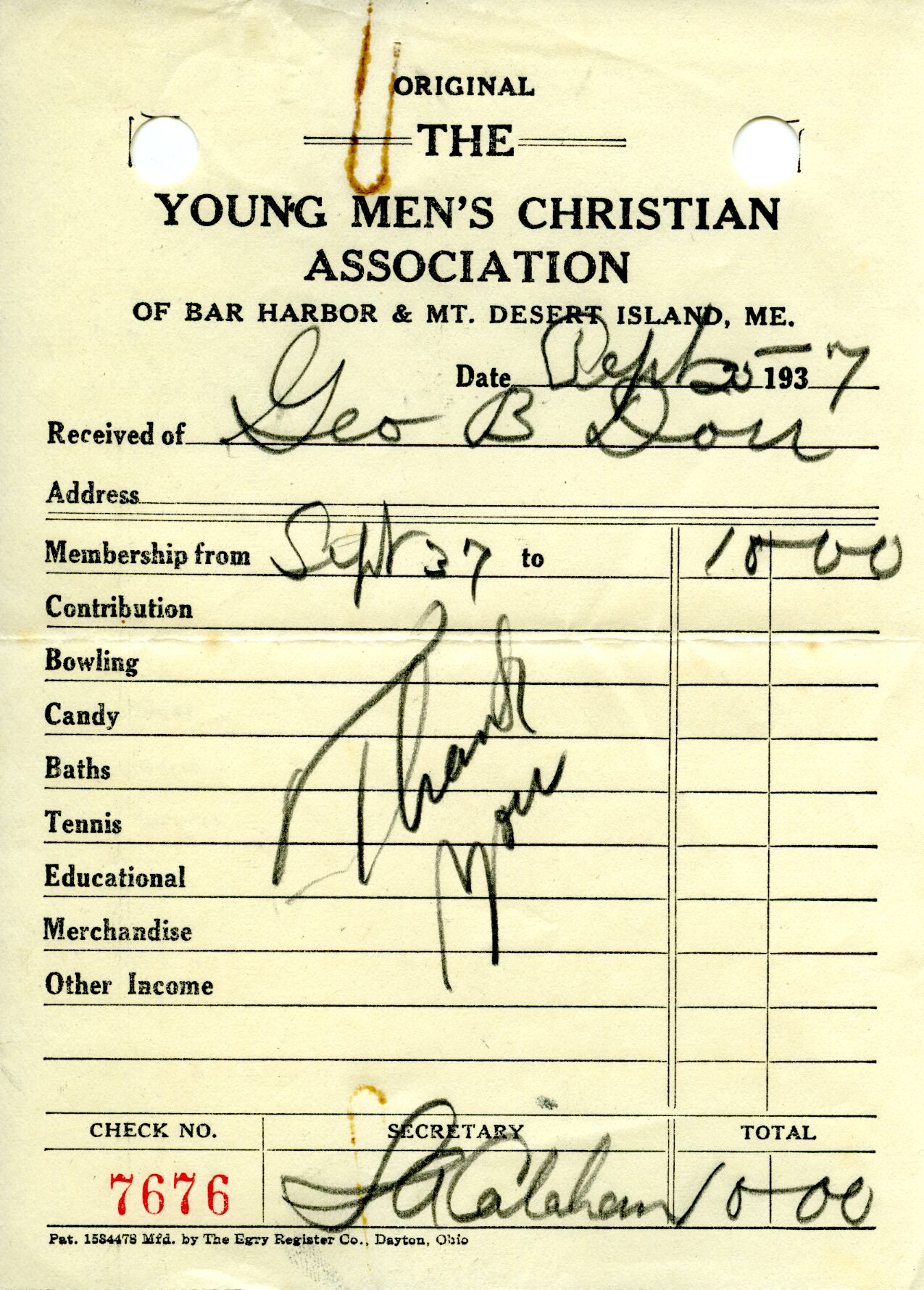 Receipt, Young Men's Christian Association, September 25, 1937.tif