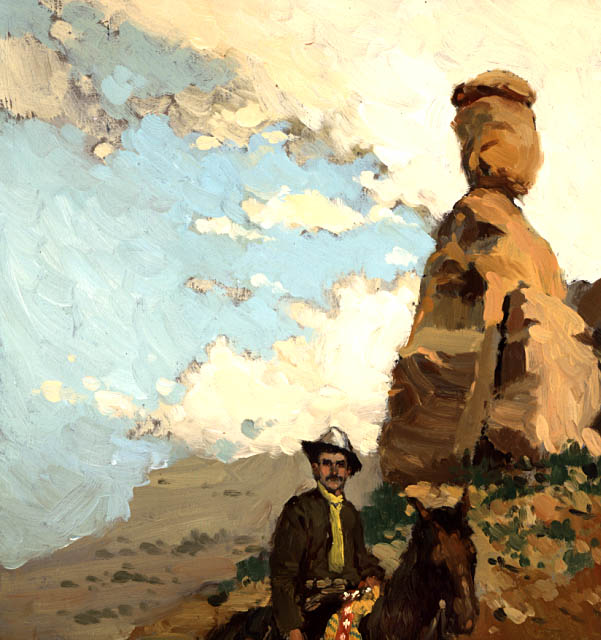 John Otto at Balanced Rock. Portrait features illustrated after photographs of John Otto and landscape profiles from reference photographs of Balanced Rock.