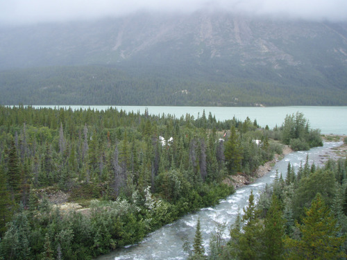 Tents and buildings along a lake and river in the trees