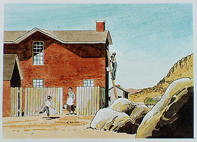 Large brick building with man on ladder painting. After the fort was abandoned, civilians moved into many of the buildings and kept them in reasonable repair for a number of years.
