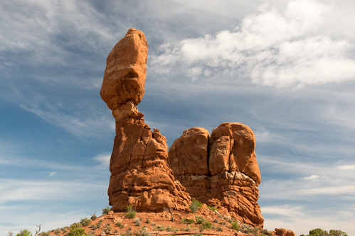 Balanced Rock with wispy clouds in the sky