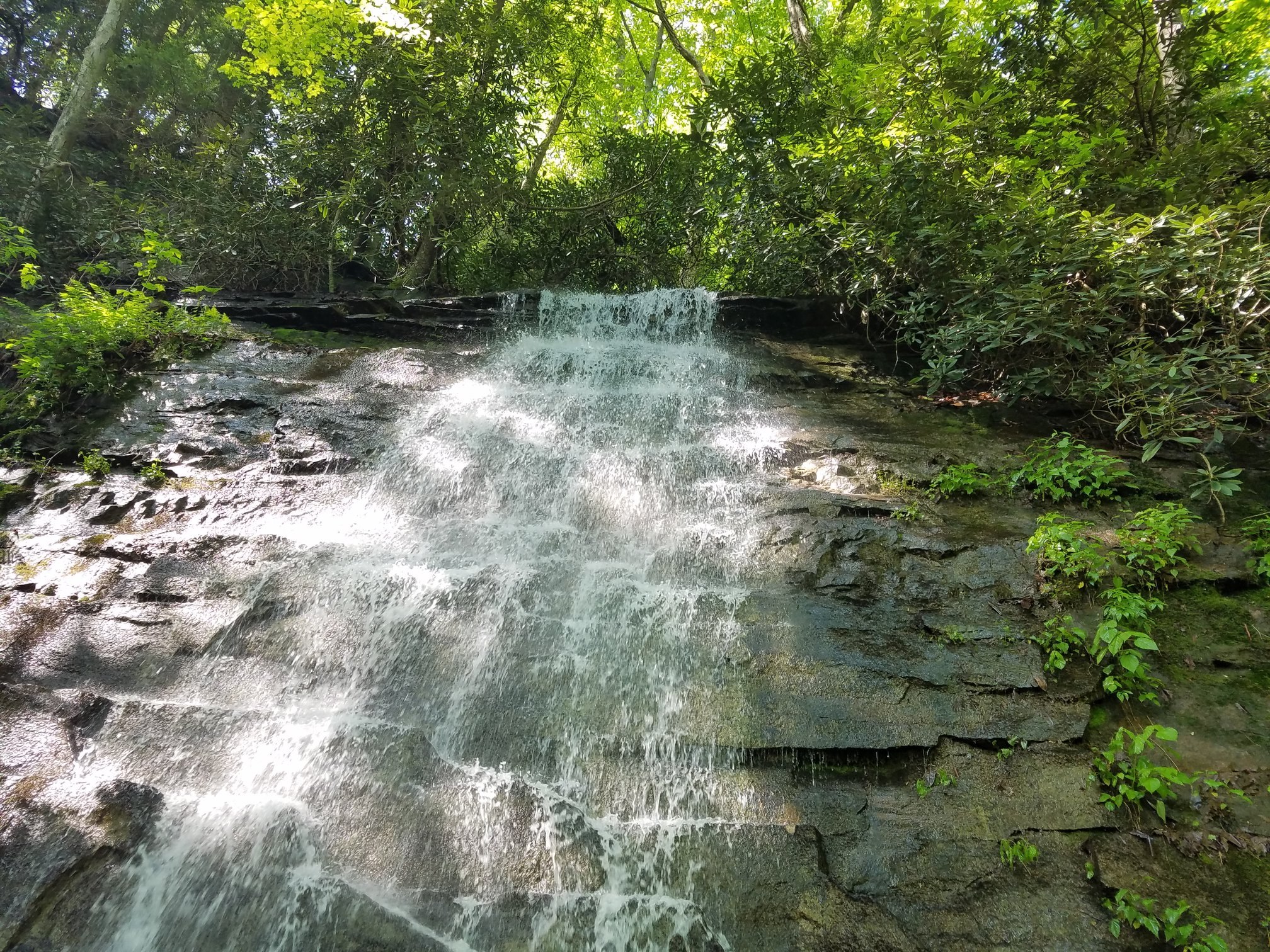 view looking up a waterfall