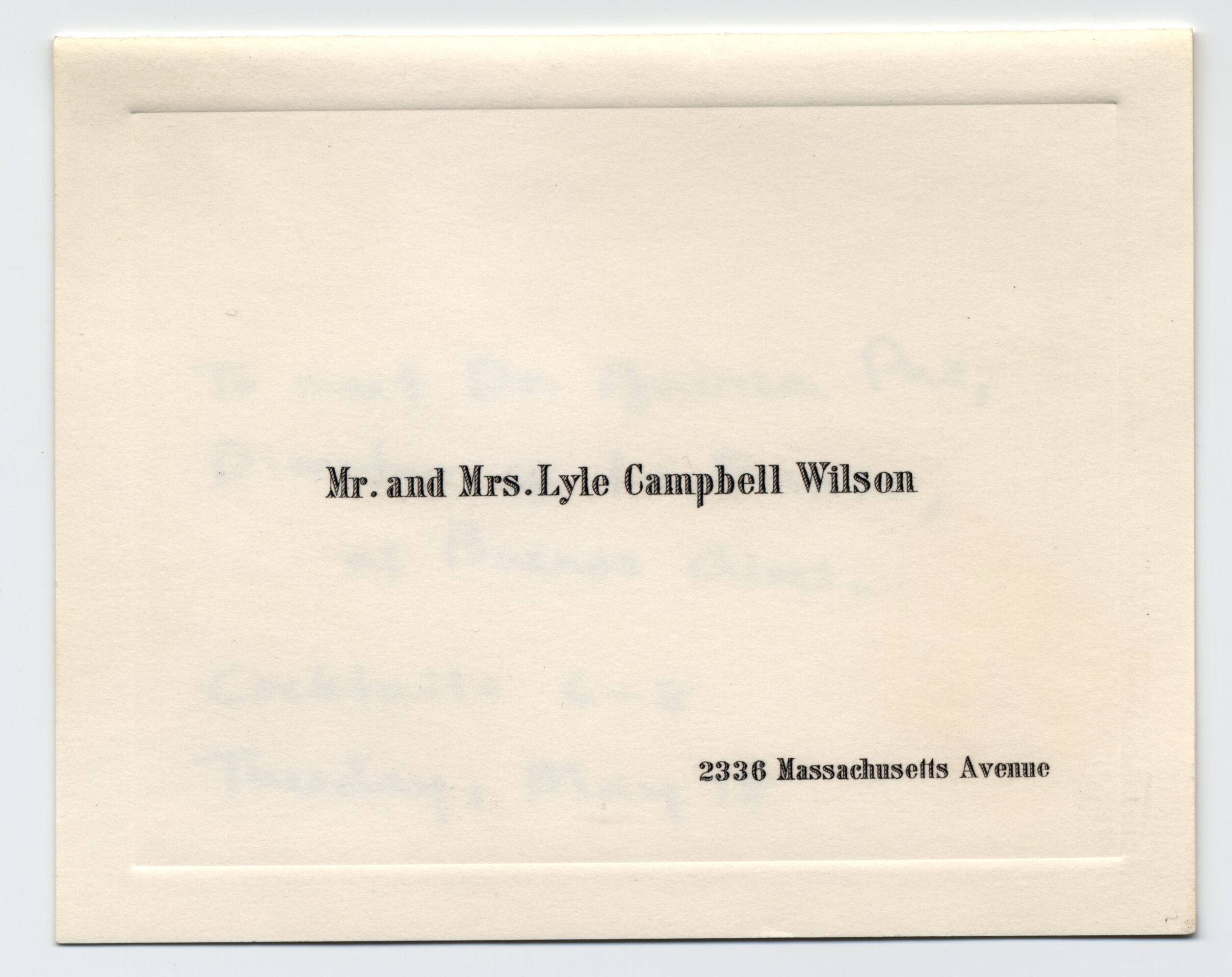 An invitation written inside a folded card with the sender's name printed on the front.