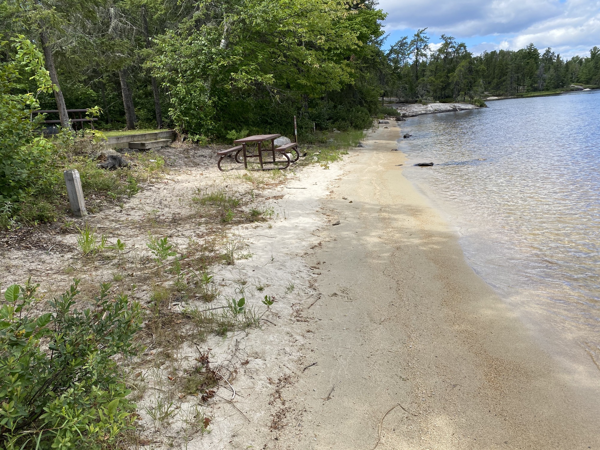 Sandy lakeshore with a metal-frame picnic table under trees, calm blue water to the right and a pine forest in the distance.