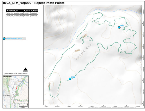 Map of repeat photo point locations for one of fifteen areas where long-term monitoring of sage-steppe vegetation occurs starting in 2011 in Bighorn Canyon National Recreation Area.