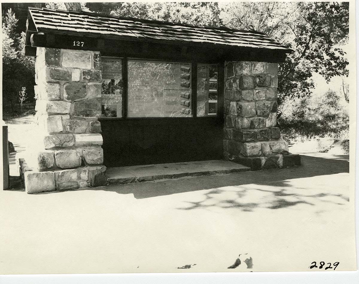 Wayside exhibit at the Temple of Sinawava, story of the formation of Zion Canyon.