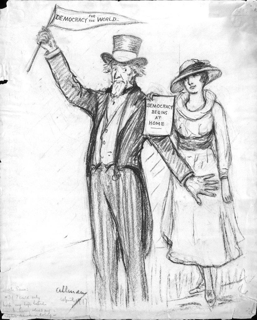 Drawing of a woman holding a sign reading "Democracy Begins at Home" being held back by Uncle Sam holding pennant that says "Democracy for the World." 