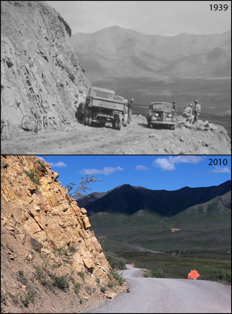 A photo pair showing Human Development and Impacts at East Fork Toklat River: 1939-2010