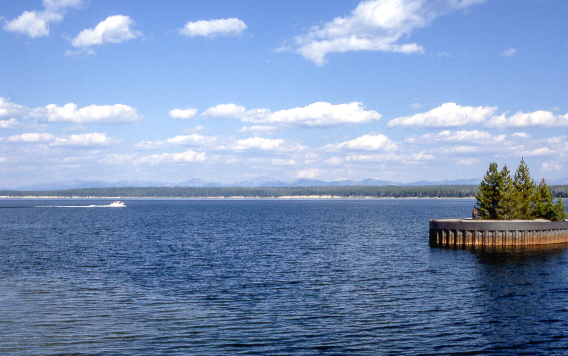 Looking out from the shore of a bay at a boat motoring away from the camera.