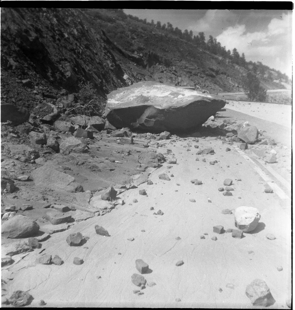BW photo of rock slide near Echo Rock - 2.5" x 2.5".