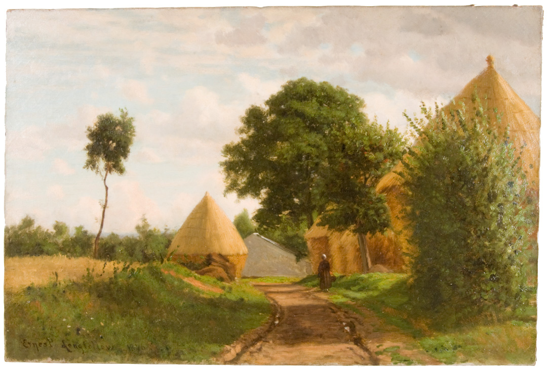 Landscape looking down path with large haystacks on either side, figure on path
