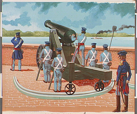 Artillery crew around cannon on battlement overlooking the Potomac River.