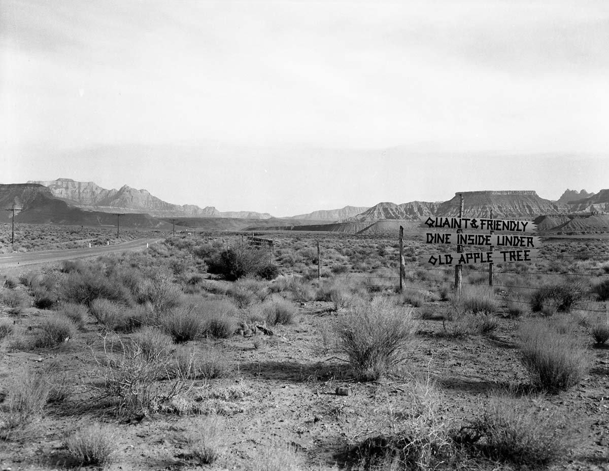 The Grandma's signs on Utah State Route 15 (now State Route 9), the black on yellow signs were at almost every turn from below Virgin, Utah to Zion National Park. These photos were taken as documentation to the proposed clean up project to remove undesirable signs and debris on the route to Zion. This is a view from west of the town of Virgin, Utah looking north, West Temple in the distance (left) and Rockville Mountain (right).