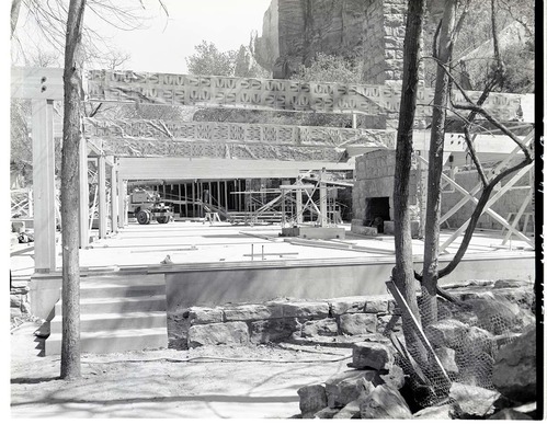 Rebuilding Zion Lodge after fire of January 28, 1966 - beginning of walls and beams of recreation hall.