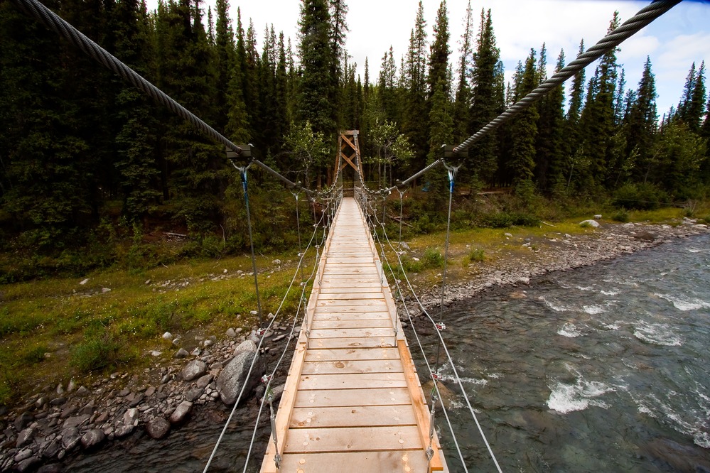 A suspension bridge over a creek