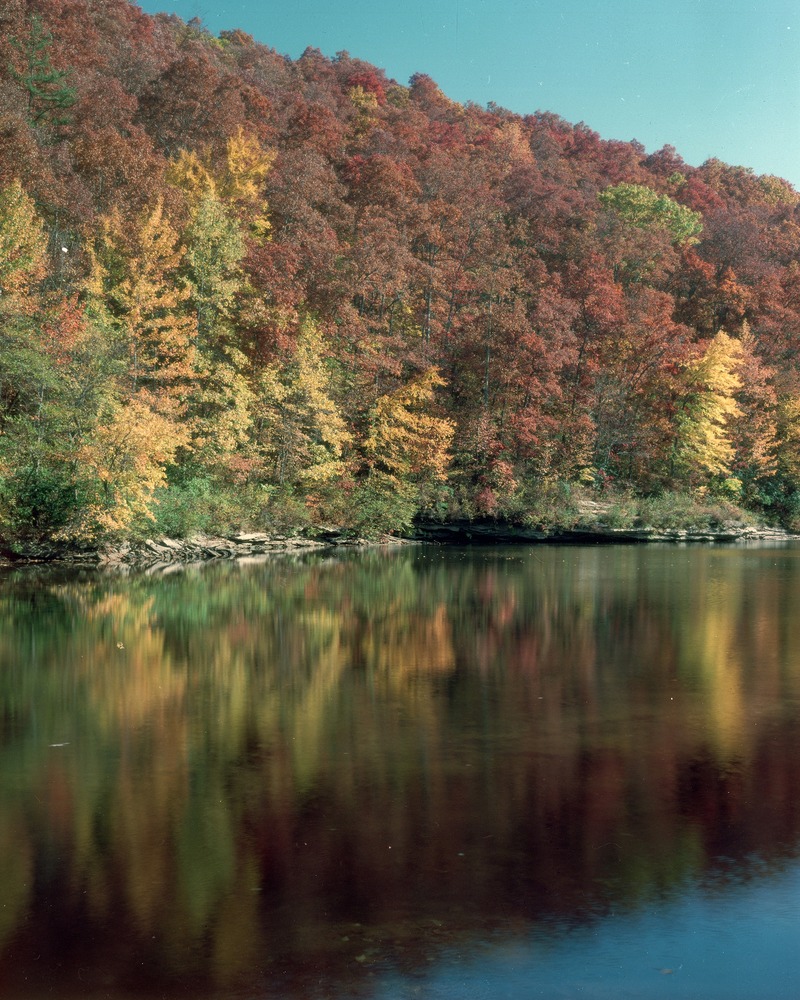 Fall colors reflect in the calm waters of the Big South Fork River near Station Camp.