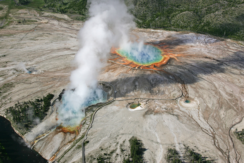 Aerial view of Excelsior Geyser and Grand Prismatic Spring