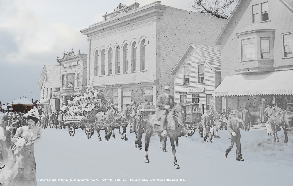 Historical image overlaid onto a present day photo