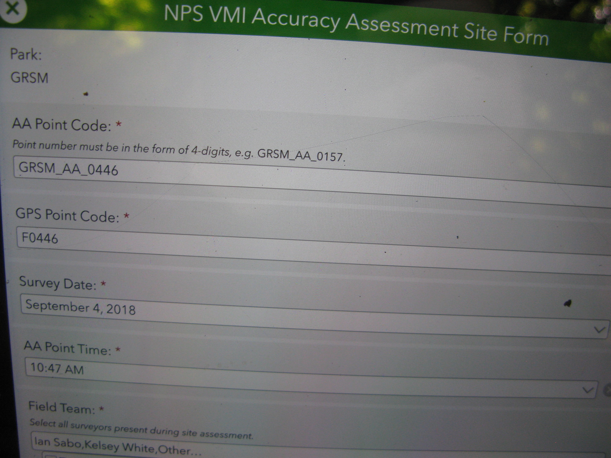 GRSM Accuracy Assessment. Plot Code: GRSM_AA_0446_1