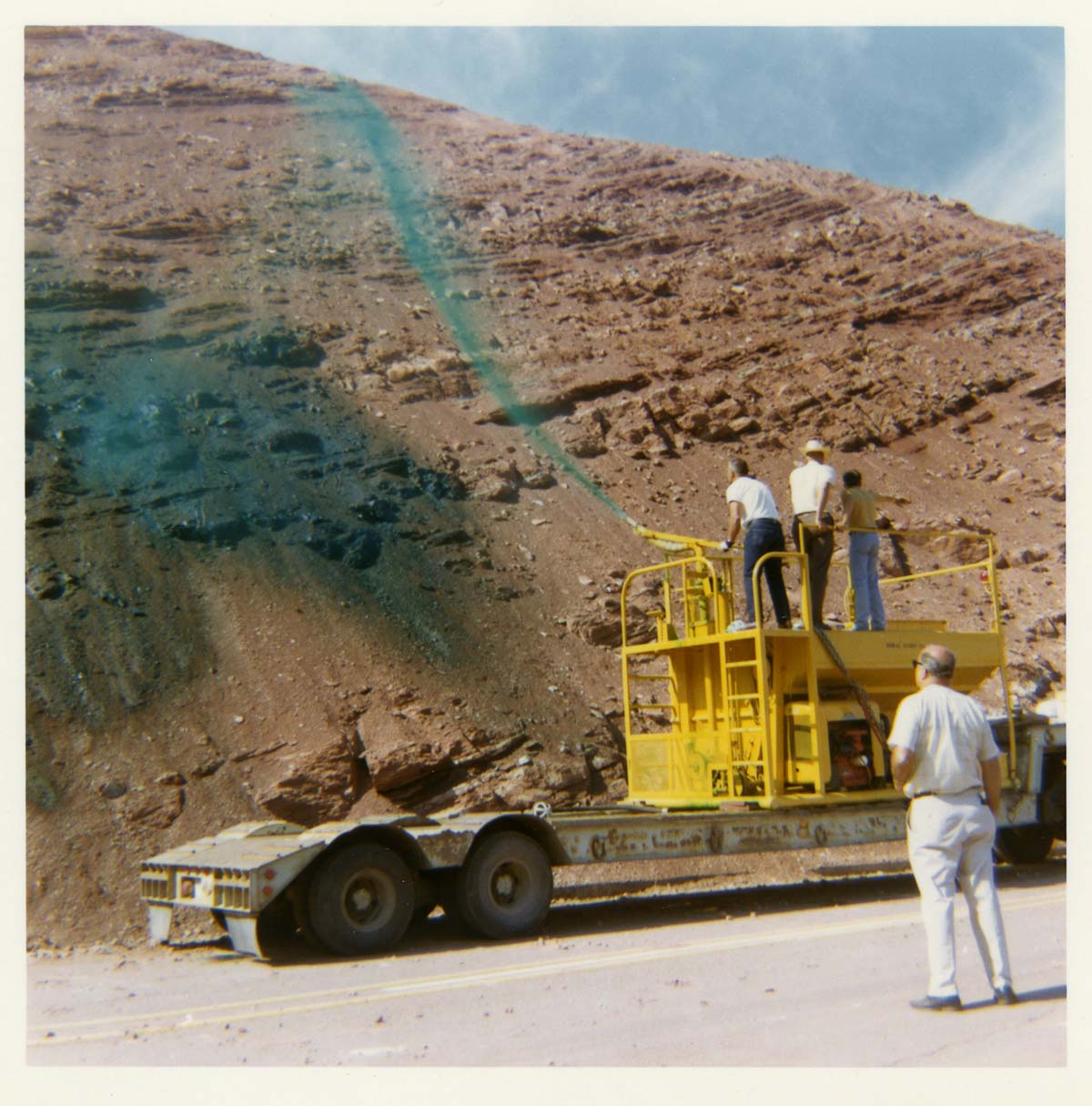 Color photo of the hydroseeding experiment along the Kolob Canyon Road.