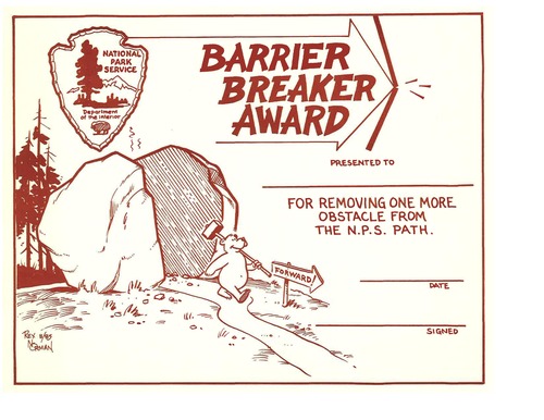 Award blank reading "Barrier Breaker Award  presented to" with a blank for name and "for removing one more obstacle from the NPS path" with signature and date lines. Includes graphic of a bear with a sledgehammer on its shoulder walking through a boulder split in two, with an NPS arrowhead above it.