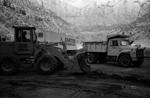 Construction vehicles in operation during the construction of headquarters addition.