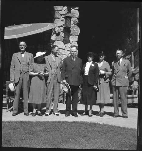 Mr. & Mrs. Herbert Hoover and party at the Ahwahnee Hotel. The group included: Mr. & Mrs. Frank S. Hoag (Published of the Pueblo Star Journal); Mr. & Mrs. W.V. Codding (Pres. R.W. Savings & Bldg. Assoc. of Pueblo) and Mr. & Mrs. Walter T. Mathis.
