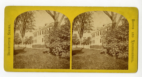 Sterograph of front lawn of Georgian mansion with home in the top half of photo.