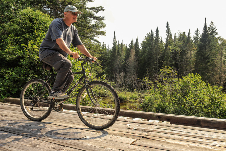 A man on a bicycle backlit by the sun biking across a bridge through the woods