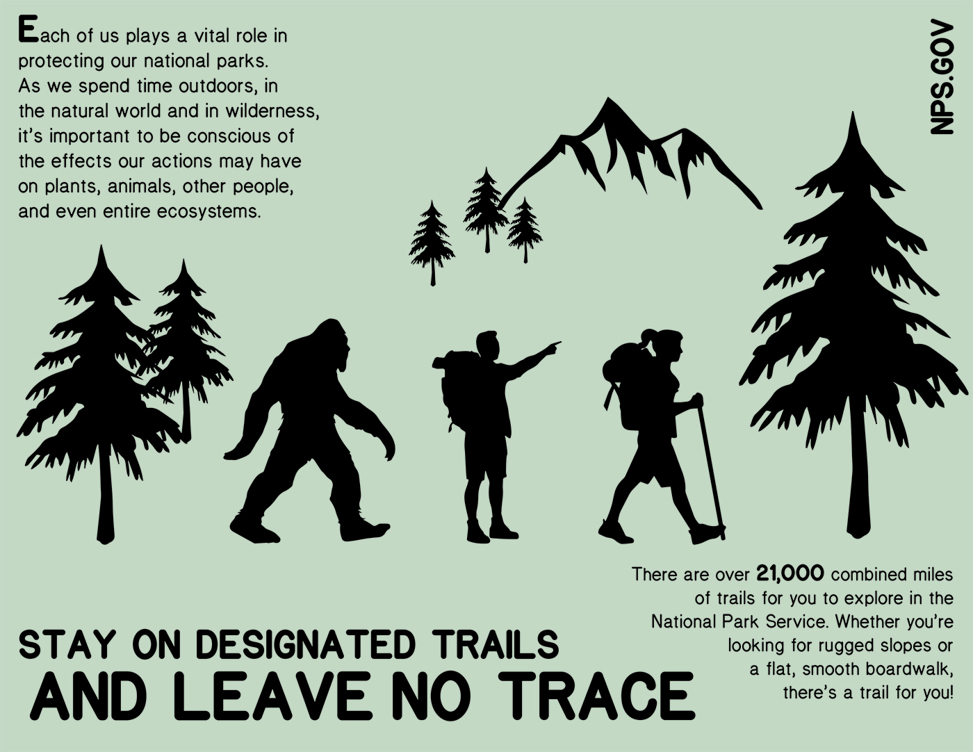 Infographic with text reading "Stay on Designated Trails and Leave No Trace. Each of us plays a vital role in protecting our national parks. As we spend time outdoors, in the natural world and in wilderness, it's important to be conscious of the effects our actions may have on plants, animals, other people, and even entire ecosystems. there are over 21,000 combined miles of trails for you to explore in the National Park Service. Whether you're looking for rugged slopes or a flat, smooth boardwalk, there's a trail for you!" Illustration includes two hikers near a mountain and trees being followed by a Sasquatch.