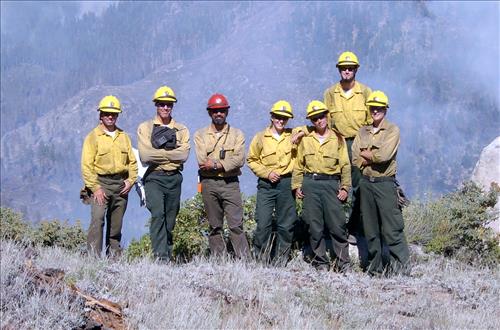 Fire monitors observe fire activity on the Comb Complex wildfire, Sequoia and Kings Canyon National Parks, July 2005