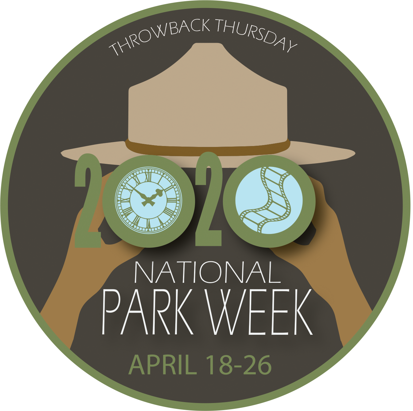 Throwback Thursday 2020 Logo including text "Throwback Thursday National Park Week April 18-26" and an image of hands holding up 2020 binoculars in front of a ranger hat seeing a clock and photography film in the lenses.