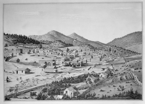 Scene of old Mining Camp Reproduction of lithograph, Mariposa