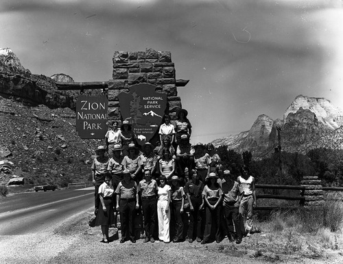 Naturalist group picture, 1979 crew- naturalist division, Zion Natural History Association (ZNHA), Zion Nature School (ZNS), Student Conservation Association (SCA).