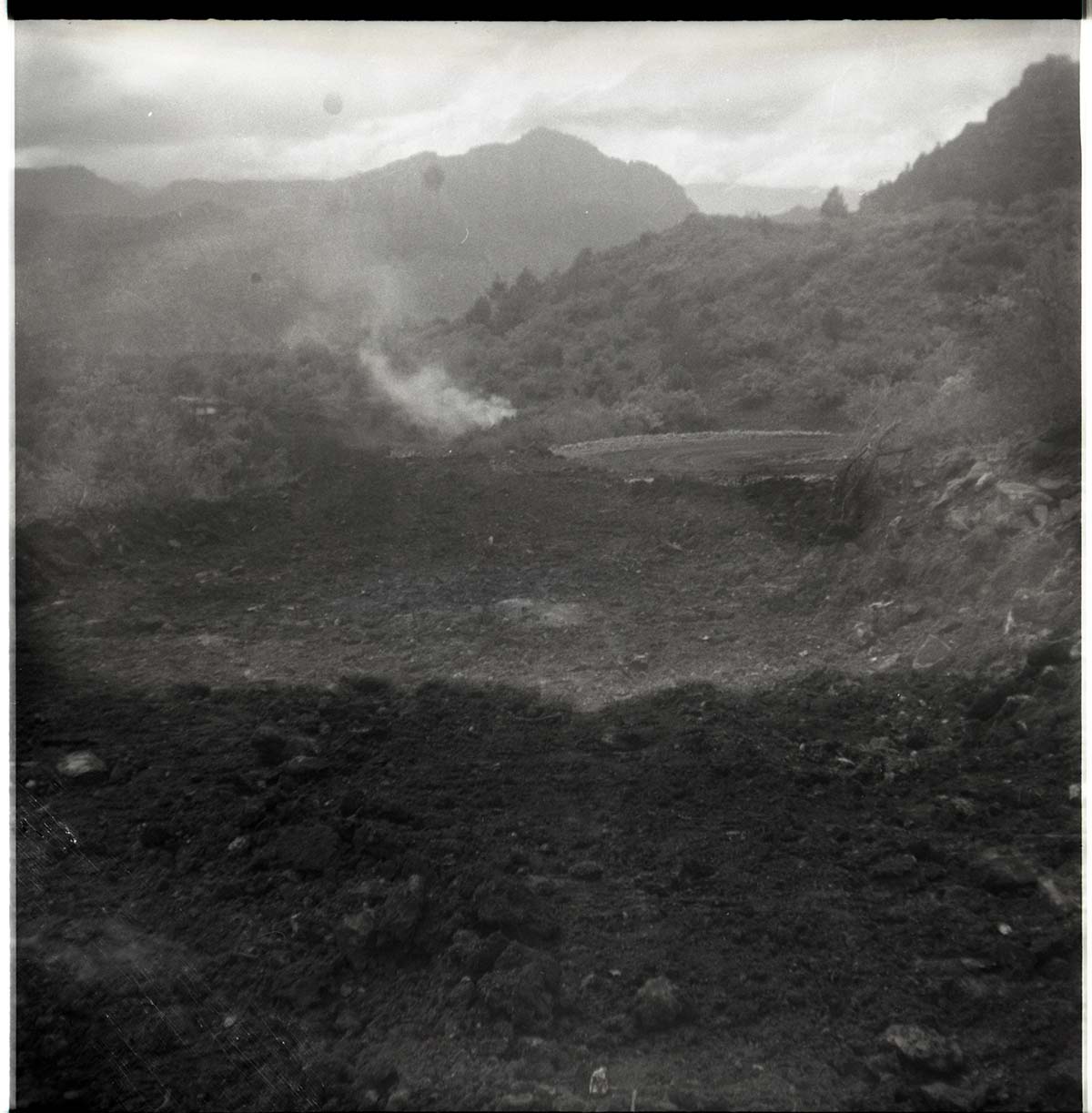 BW photo of rock slide in the maintenance yard.