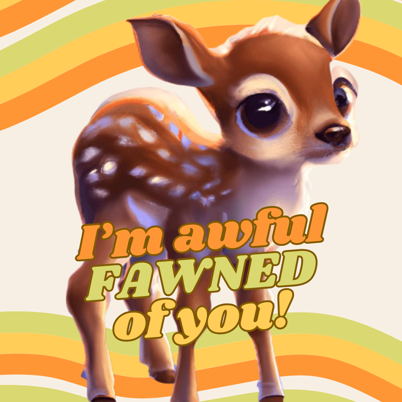 Top and bottom of image have green, yellow, and orange wavy stripes with a graphic of a baby deer in front and text reading "I'm awful fawned of you"