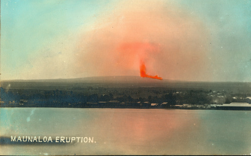 Hand-colored image of a red lava flow on a rounded mountain, as viewed from the sea