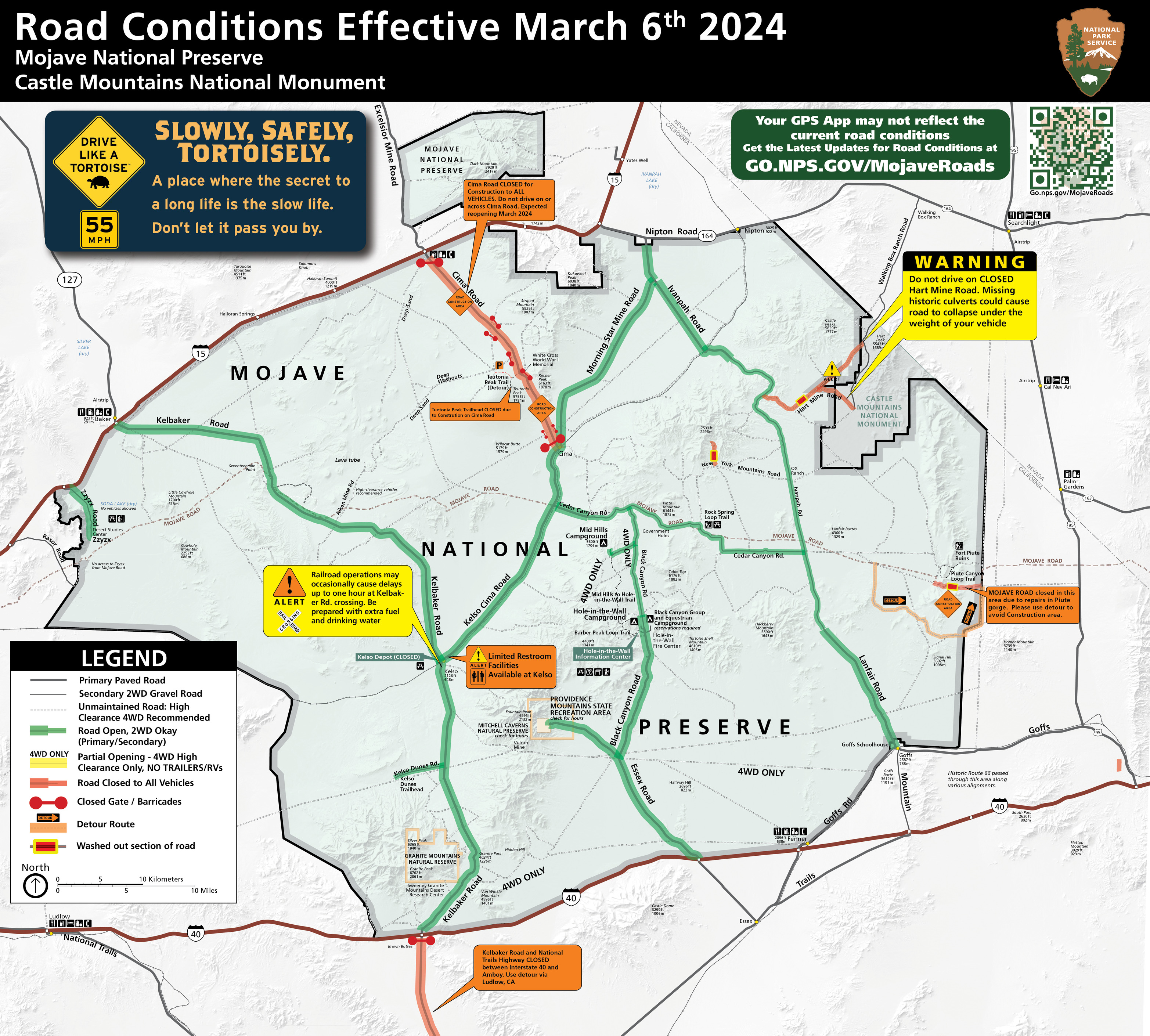 Road Conditions Map of Mojave National Preserve Effective February 27th 2024. All Roads open except for Cima Road, Hart Mine Road, Mojave Road at Soda Lake, and Upper Carruthers Canyon Road. Railroad crossing at Kelso Subject to 1 hour delays. Kelbaker Road south of Interstate 40 Closed. 