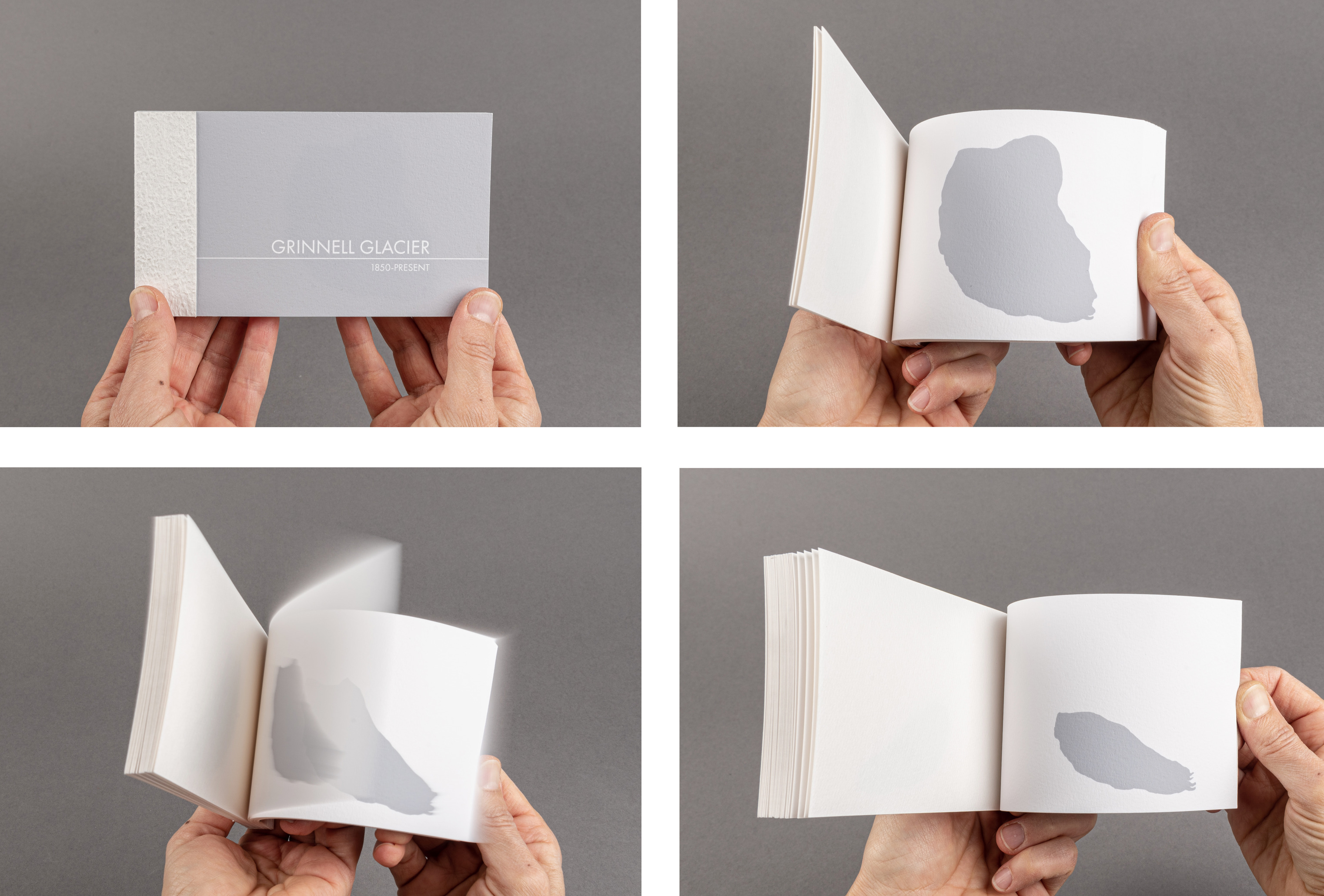 Four pictures in a grid pattern of a hands holding the flip book "Grinnell Glacier: 1850-Present." The first picture shows the cover of the book in grey. The second picture shows the outline of Grinnell Glacier as it once was. The third picture shows hands flipping the book to a smaller outline of Grinnell Glacier. The fourth picture shows an even smaller outline of Grinnell Glacier.