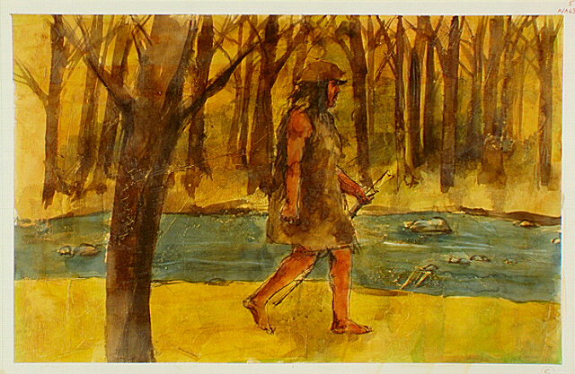 Tlingit walking along a stream bank.