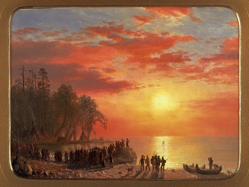 Painting of a lake shore with Native American figures in foreground, canoe on lake in distance, sun setting over water with dramatic orange, gold, and blue sky.