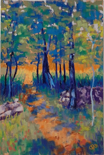 A painting of a forest filled with trees.